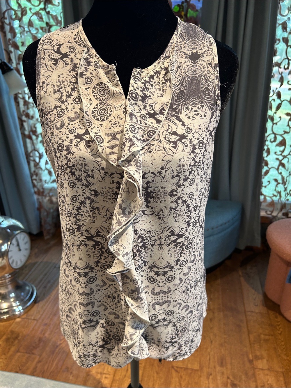 Violet & Claire Cream and Black Ruffle Front Paisley Tank Top